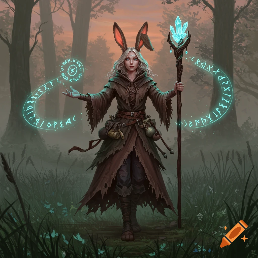A female wizard with long white hair and rabbit ears stands in a misty forest, wearing a tattered brown robe and holding a glowing crystal staff while casting a spell with glowing runes.
