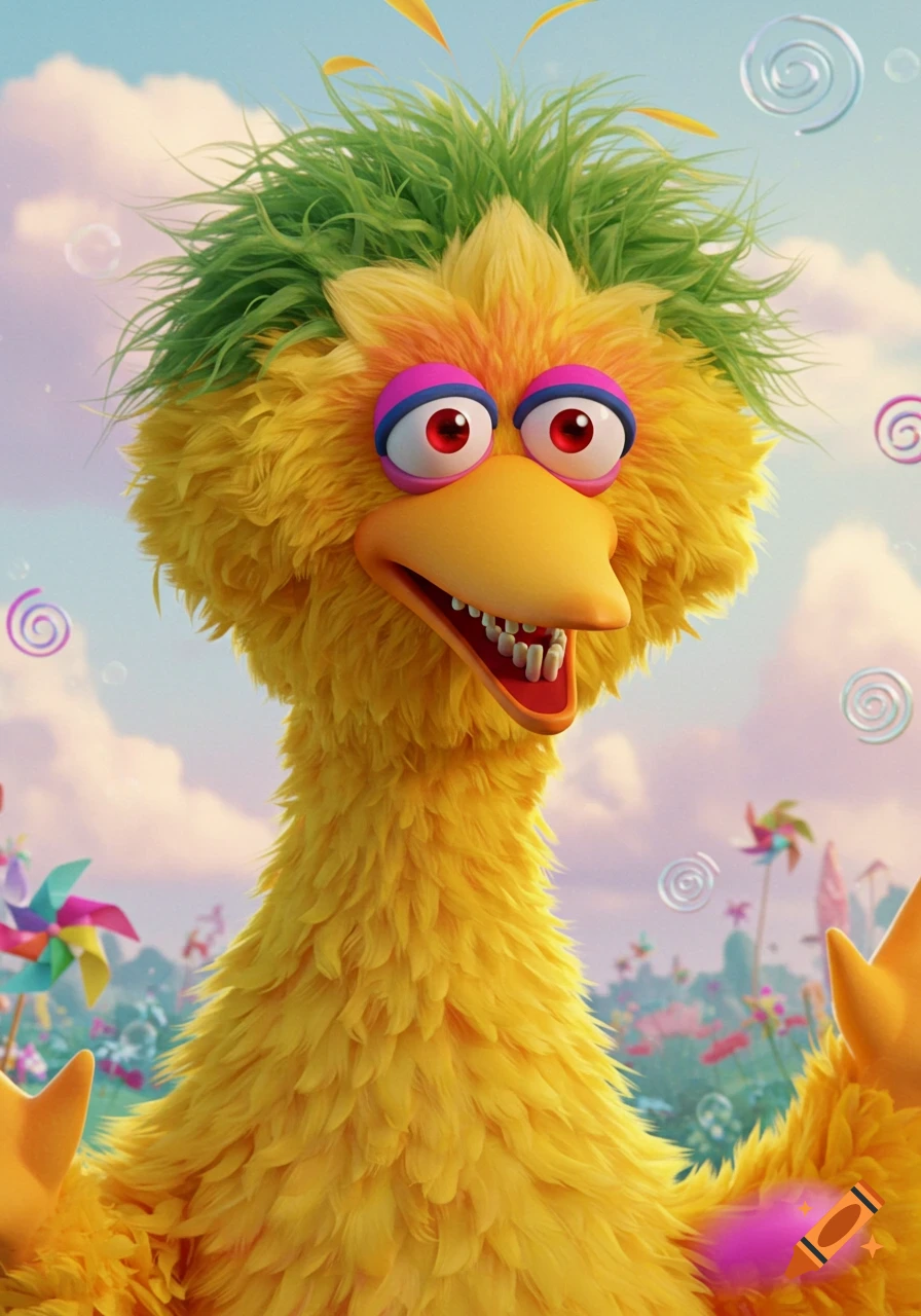 A surreal, cartoon Big Bird with red eyes, yellow teeth, and messy green hair, set against a cloudy sky with bubbles and pinwheels.