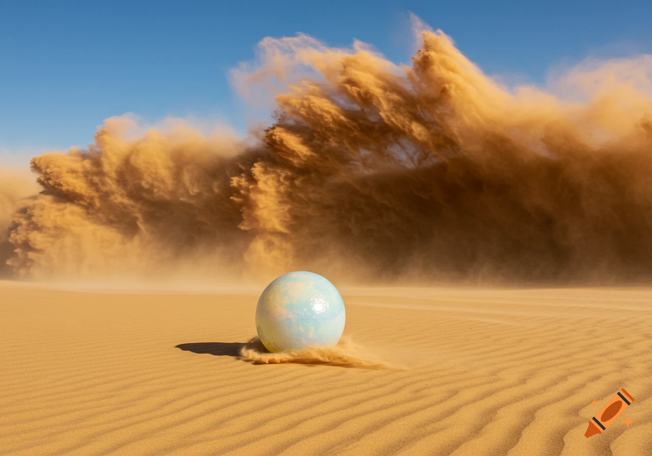 A glowing, iridescent sphere rests on rippled desert sand as a large, wall-like dust storm approaches under a clear blue sky.