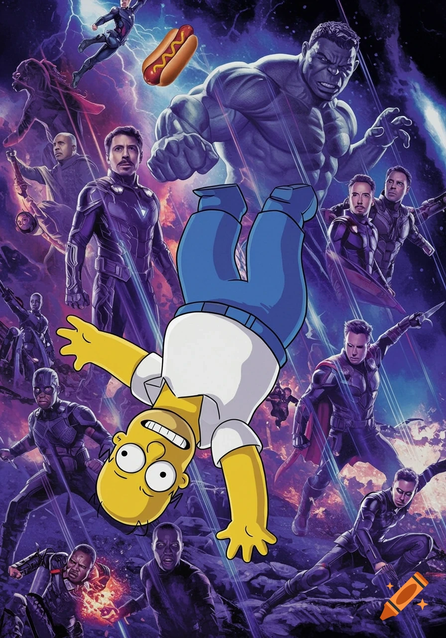 Homer Simpson upside down in a superhero movie poster, surrounded by Avengers characters, with a floating hot dog.