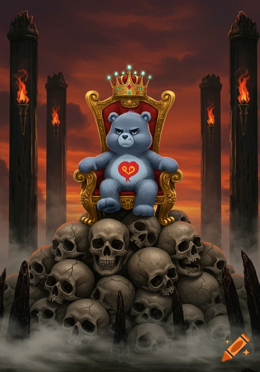 A grumpy, grey Care Bear wearing a golden crown sits on a throne made of skulls, set against a dark, red sky with ominous towers.