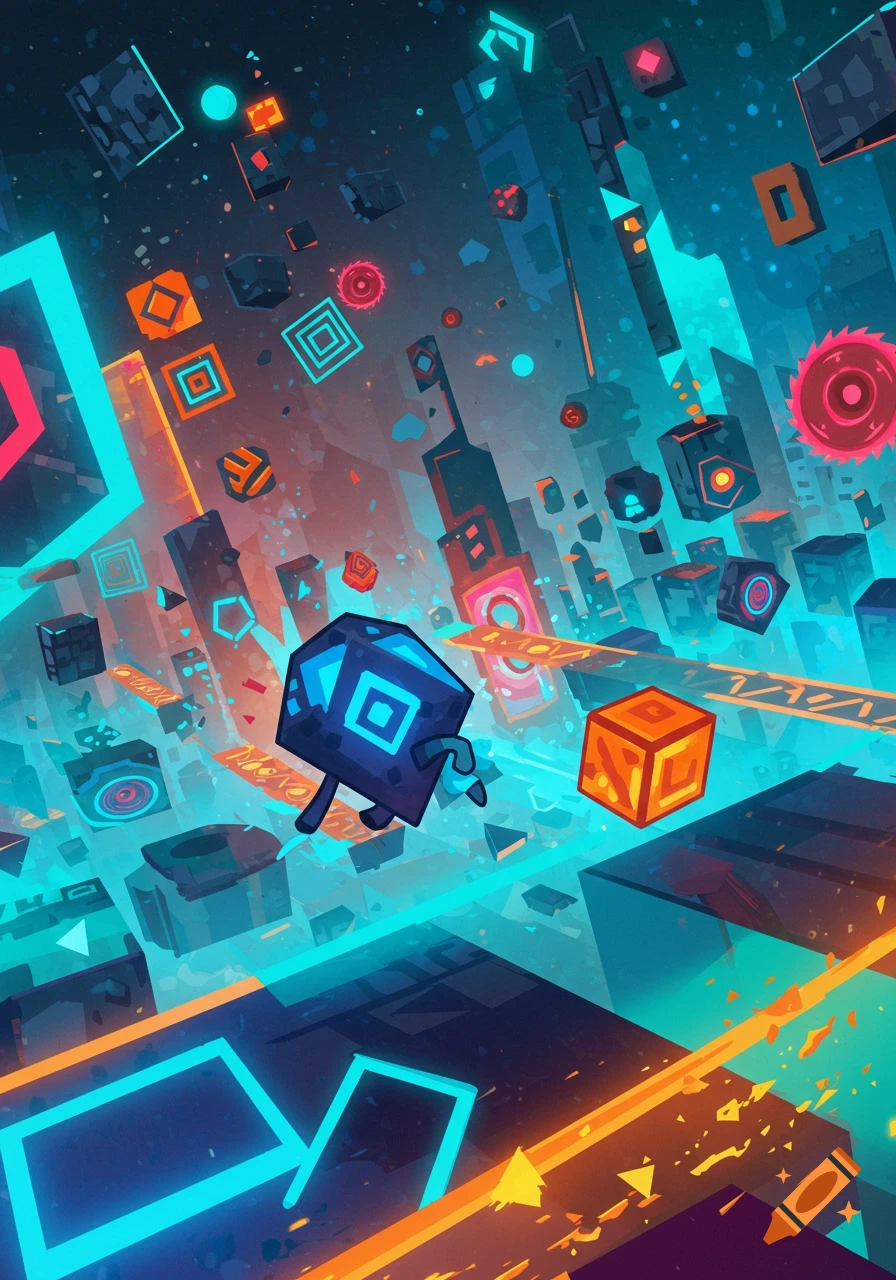 A vibrant, abstract, futuristic gaming scene with a geometric character navigating neon blue, orange, and red shapes and platforms.