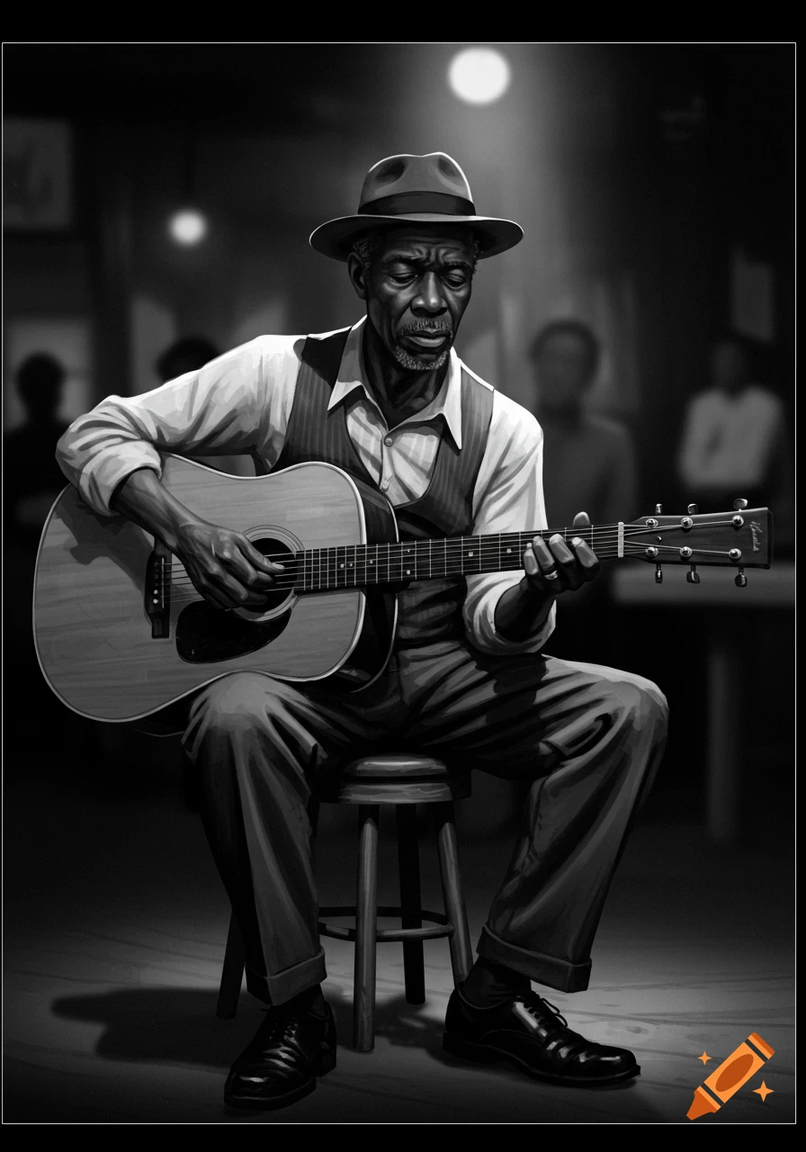 Black and white stylized portrait of an old blues musician in a fedora playing an acoustic guitar on a stool.