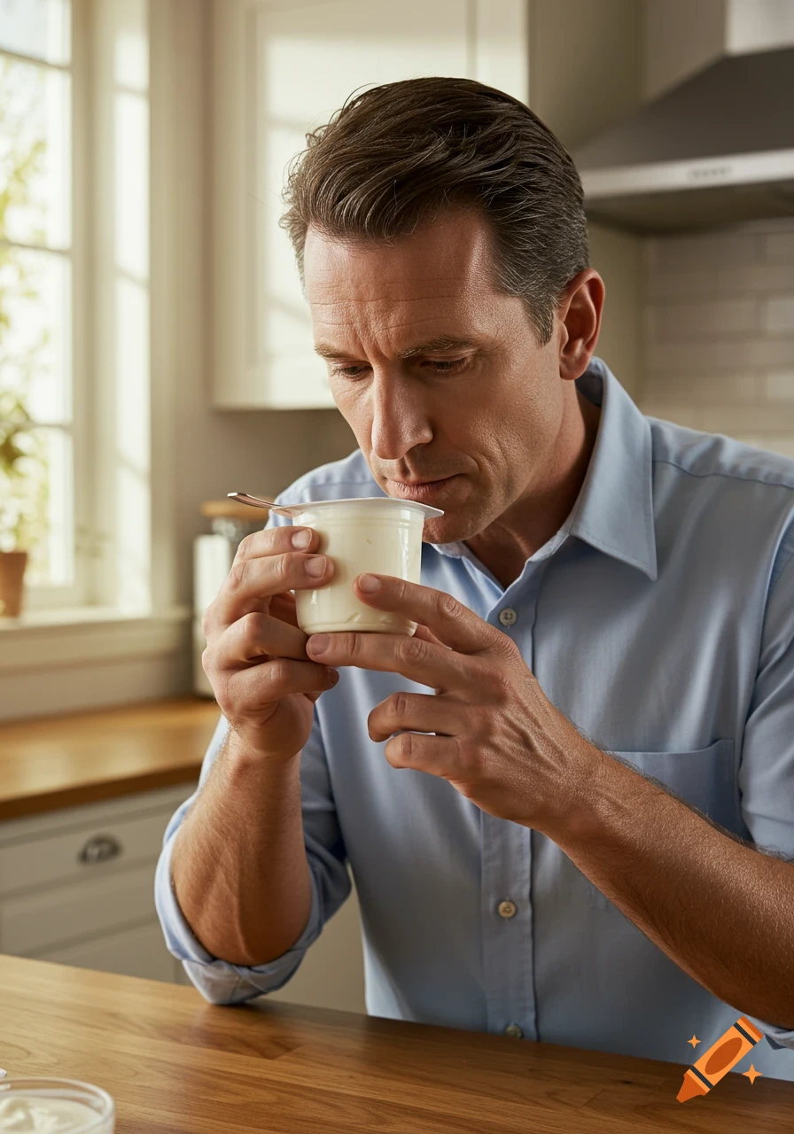 A man in a light blue shirt intently smells a white yogurt cup while standing in a well-lit kitchen.
