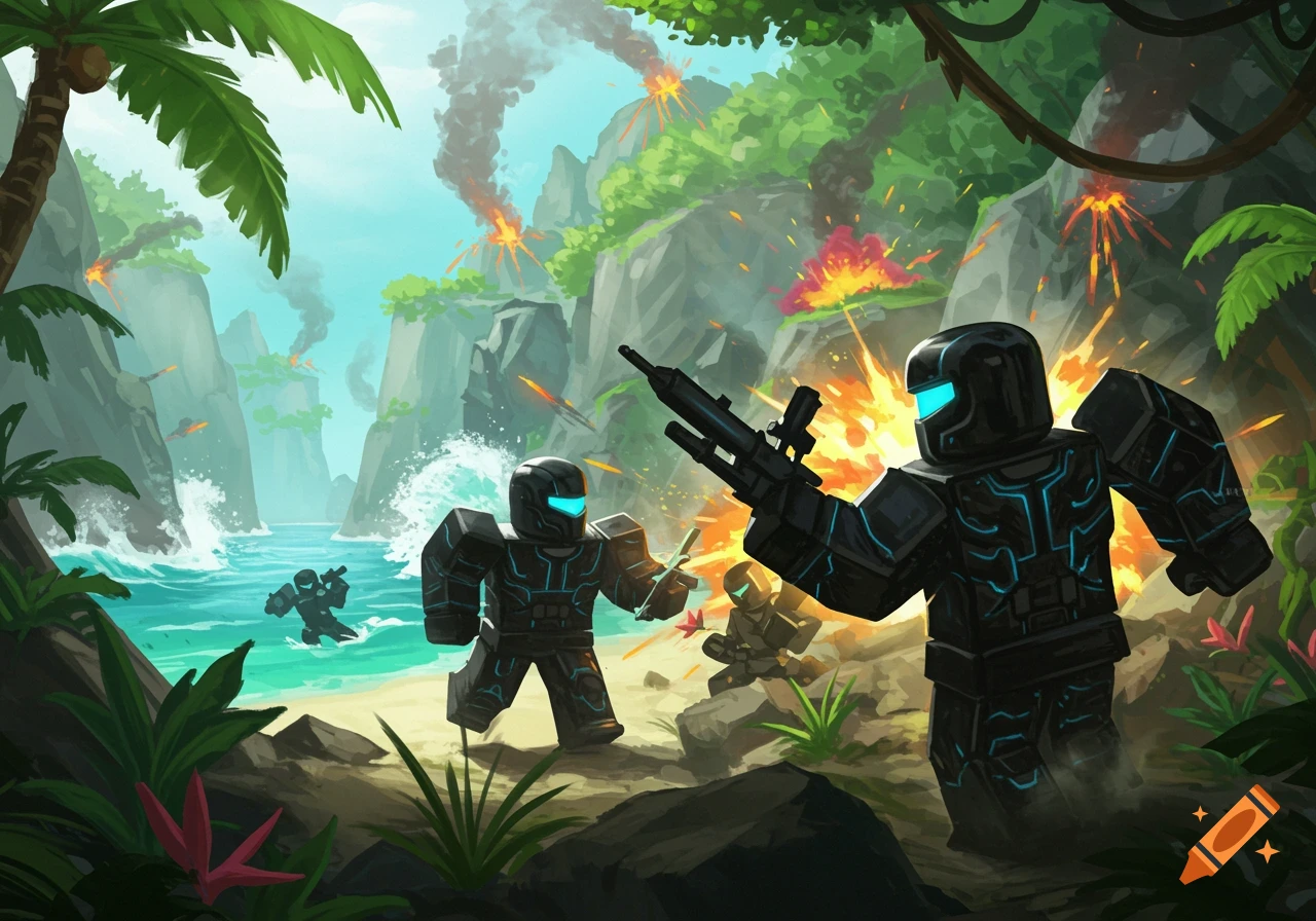 Roblox-style soldiers in black armor with glowing blue accents fighting amidst explosions on a tropical island with palm trees and ocean.