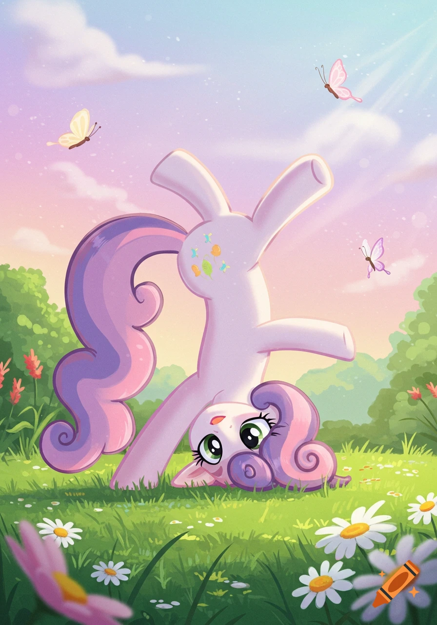 A cartoon pony named Sweetie Belle does a headstand in a vibrant green field with flowers under a colorful sky with butterflies.