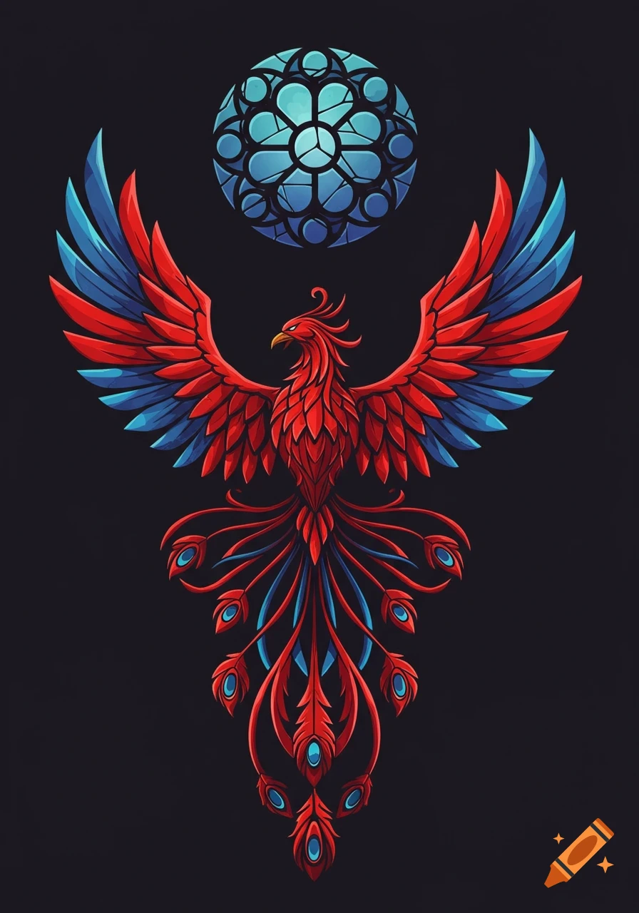 A stylized red and blue phoenix with outstretched wings and a long tail, in front of a circular blue stained glass window, on a dark background.