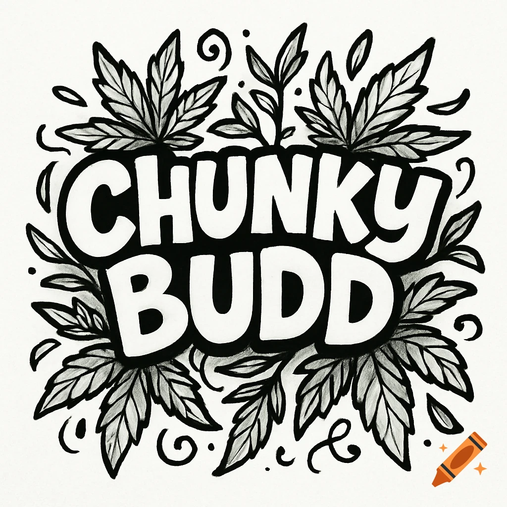 A black and white cartoon logo features the bold text "CHUNKY BUDD" surrounded by stylized herbal leaves and decorative swirls.