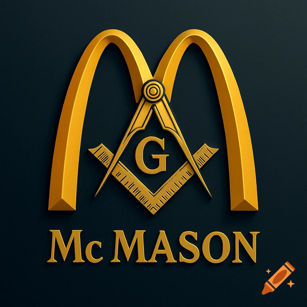 A golden McDonald's M arches logo combined with a golden Freemason compass and square symbol with a 'G' inside, above the text 'Mc MASON' on a dark background.