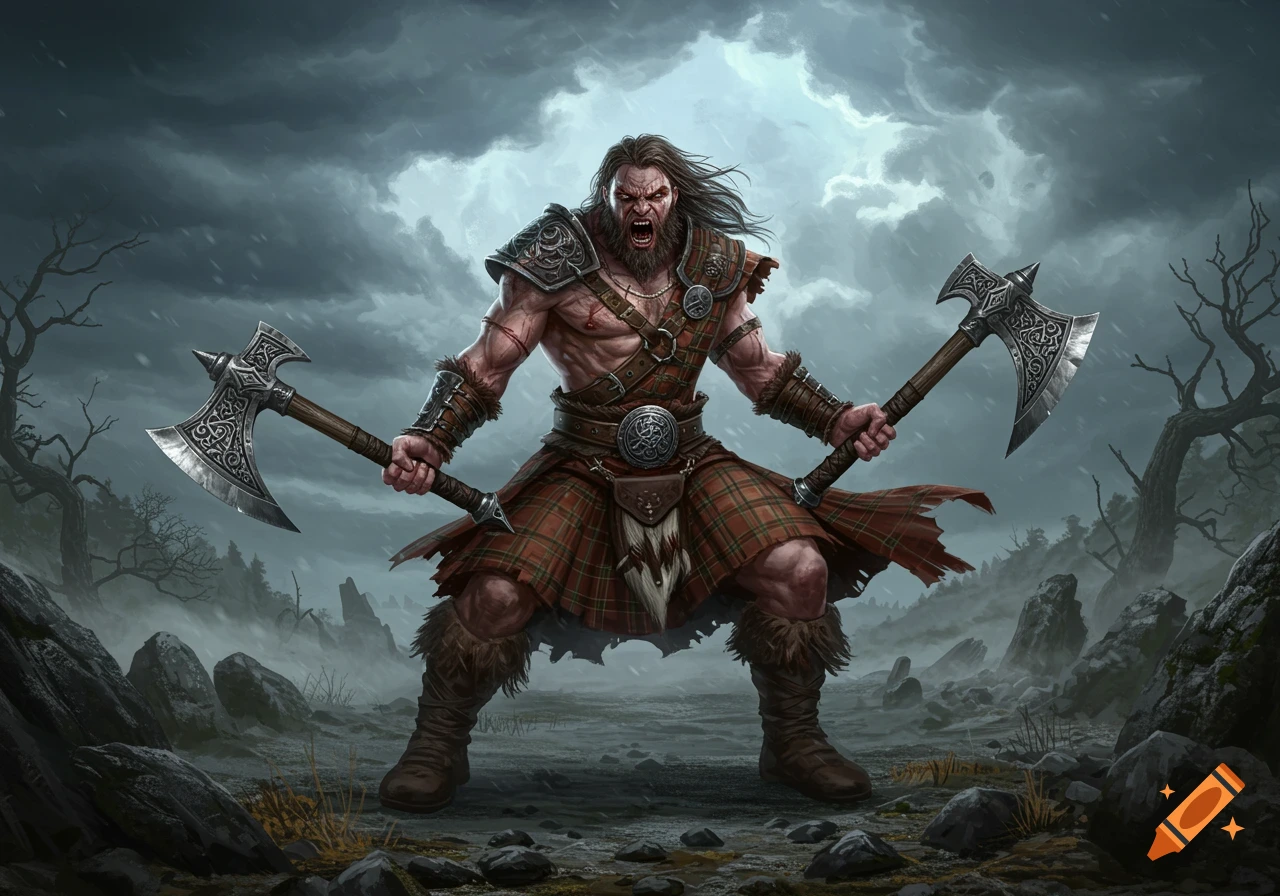 A fierce fantasy warrior in a kilt roars while wielding two battle axes in a stormy, barren landscape. Digital painting.
