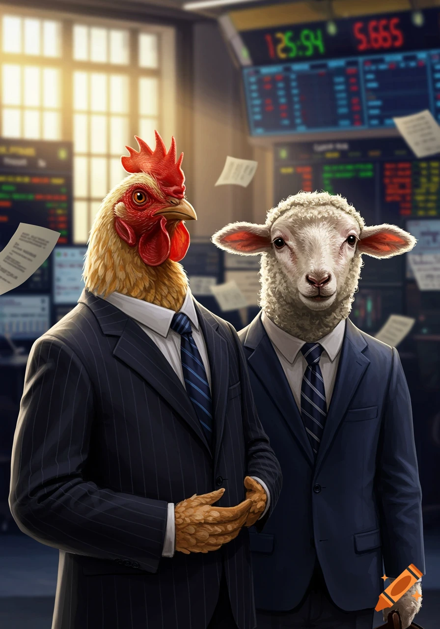 A photorealistic illustration of a chicken and a lamb in business suits standing in a stock exchange office.