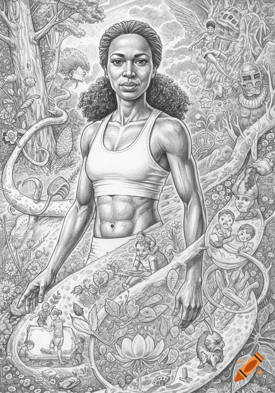 Detailed graphite pencil drawing of a strong Black woman in a sports bra, standing in a surreal forest with small figures depicting hobbies.