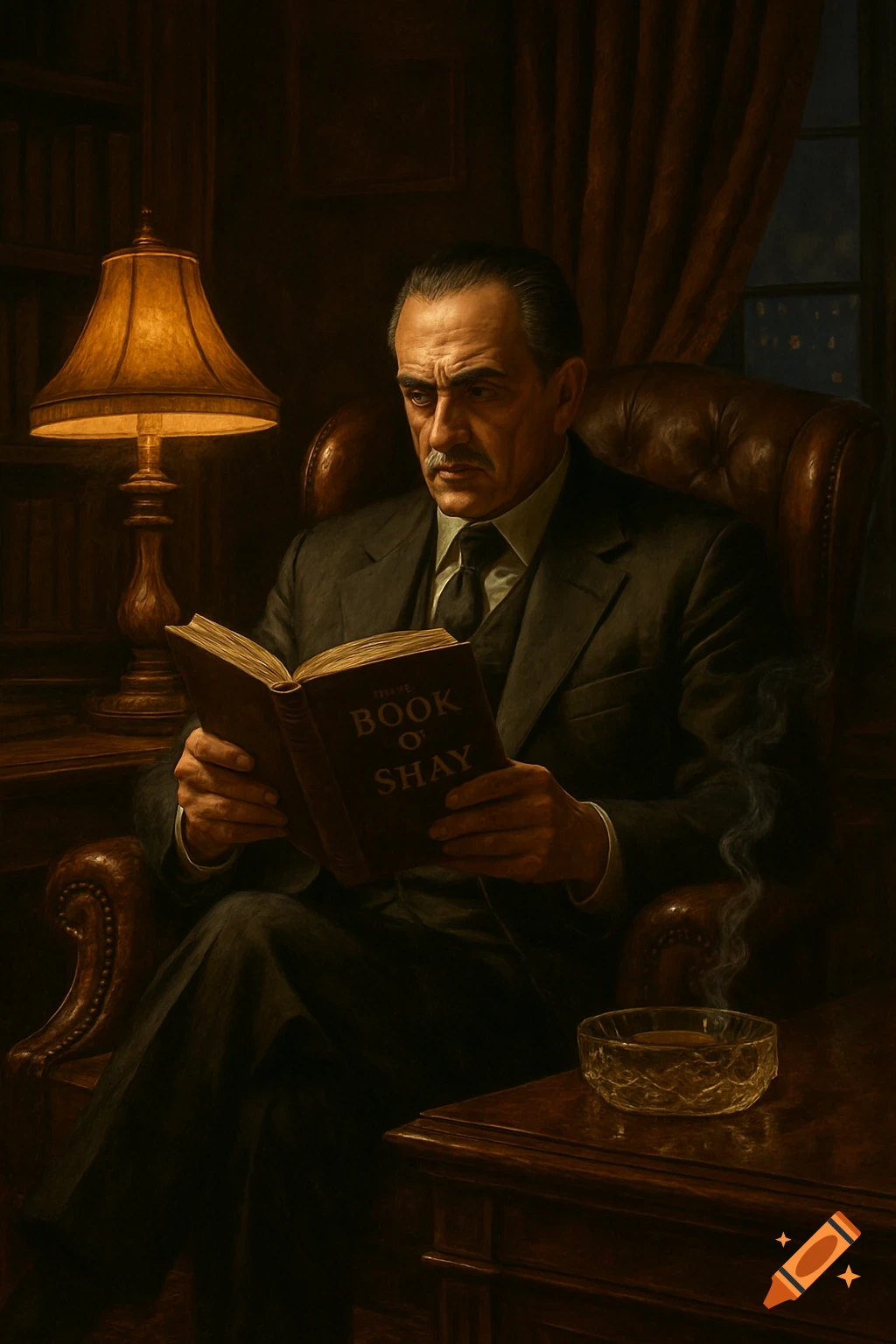 A man with a mustache and suit reads a book titled "The Book O' Shay" by lamplight in a dimly lit study. Smoke rises from an ashtray on a nearby table.