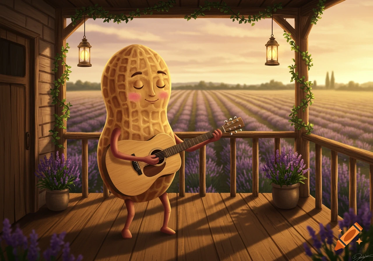 A whimsical illustration of a happy peanut playing an acoustic guitar on a wooden porch overlooking a lavender field at sunset.