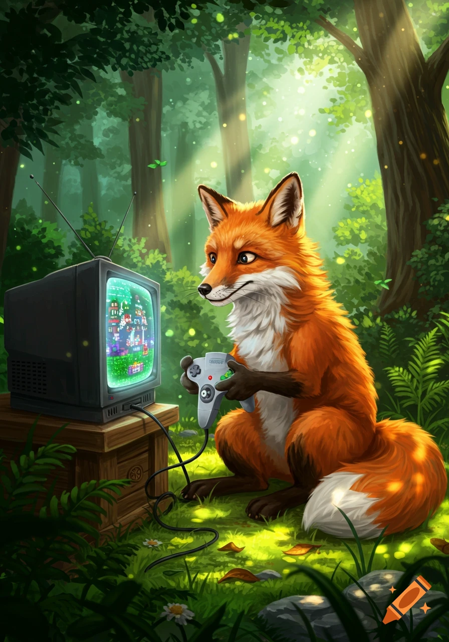 An anthropomorphic fox sits in a lush forest, playing a video game on an old CRT TV with an N64 controller.