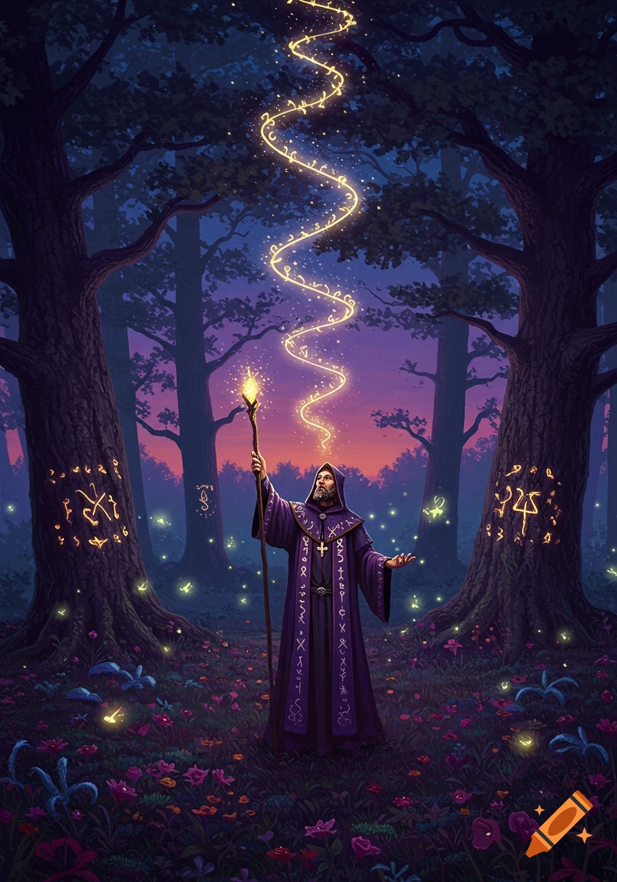 A wizard in purple robes with a glowing staff performs magic in a mystical forest at dusk, with glowing runes on trees and his robe.