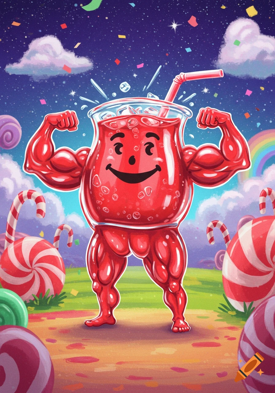 Cartoon illustration of the buff Kool-Aid Man flexing in a vibrant candy land with lollipops, candy canes, and a rainbow under a starry sky.