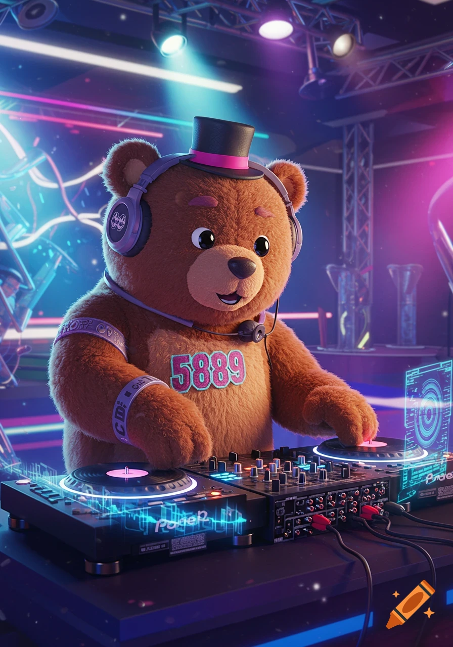 A cartoon teddy bear wearing headphones and a top hat, acting as a DJ at a disco club with neon lights and futuristic elements.
