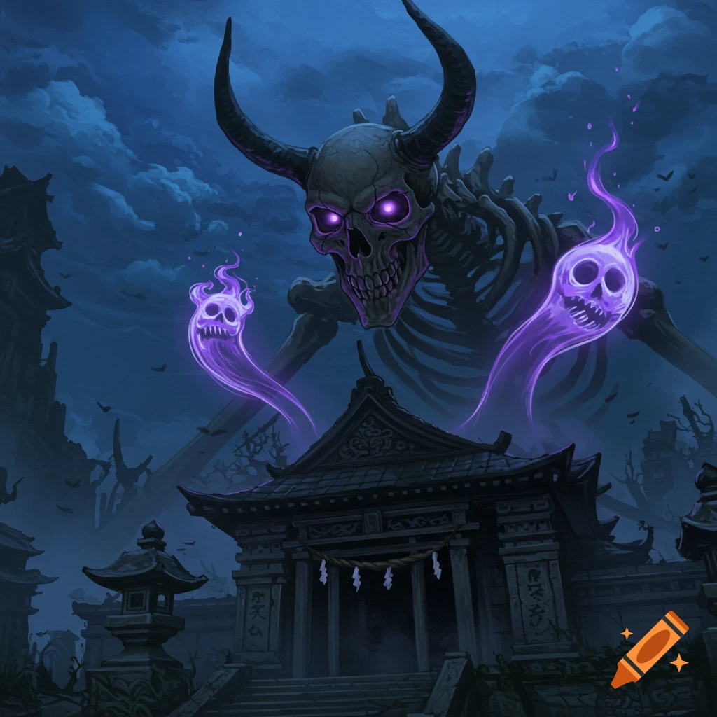 A giant horned skeletal monster with glowing purple eyes and spirit flames towers over a dark temple under a cloudy night sky.