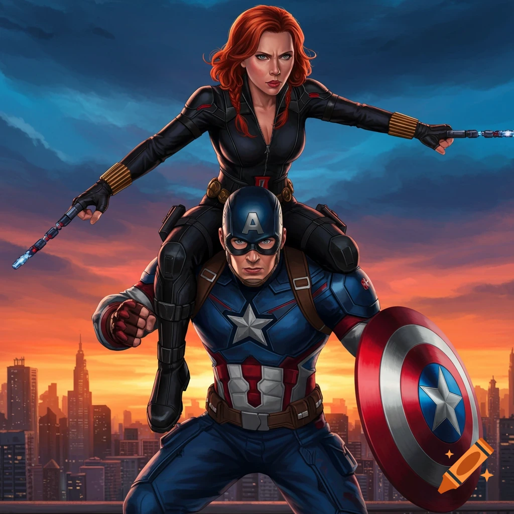 Black Widow on Captain America's shoulders, both in action poses on a city rooftop at sunset, in a comic art style.
