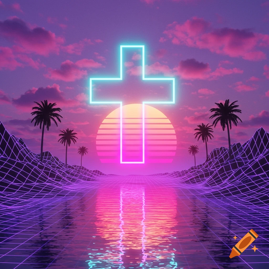 Vaporwave landscape with a glowing neon cross, retro sunset, palm trees, and a grid-like ocean reflection.