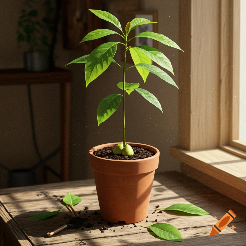 A photorealistic image of a young avocado plant in a terracotta pot on a wooden table, bathed in sunlight from a window.