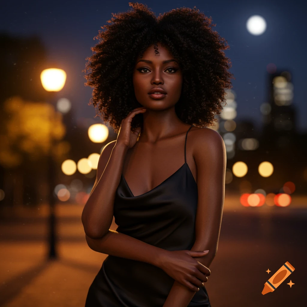 A hyperrealistic portrait of a beautiful African American woman with curly hair in a black dress at night with bokeh lights.