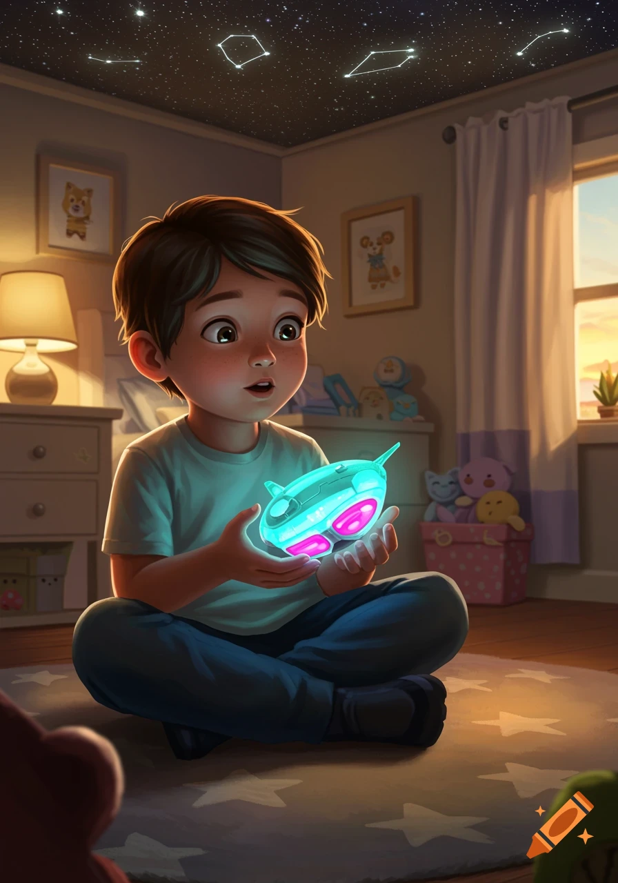 An illustrated boy sits in his bedroom, holding a glowing turquoise toy and looking up at constellations on the ceiling.