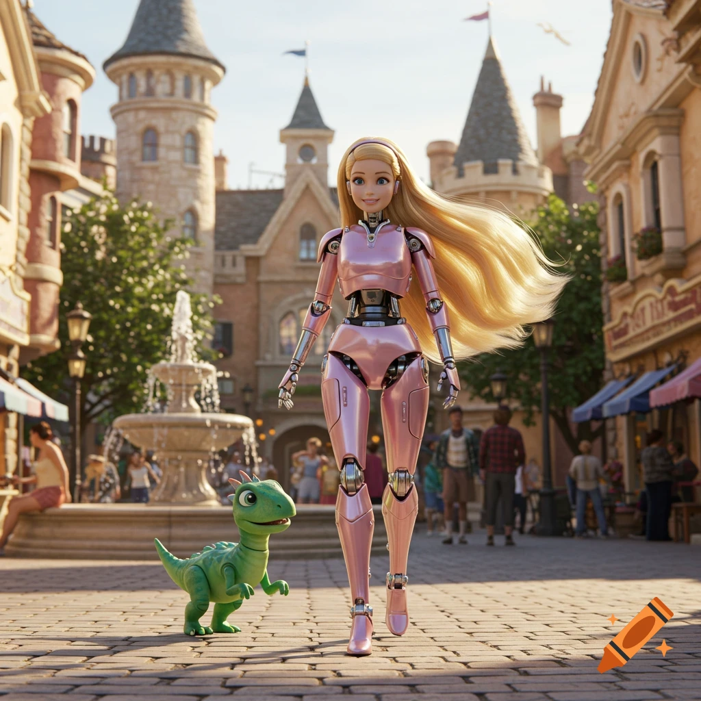 A metallic pink robotic doll resembling Barbie with long blonde hair walks on a cobblestone street next to a small green cartoon dinosaur in a whimsical town square.