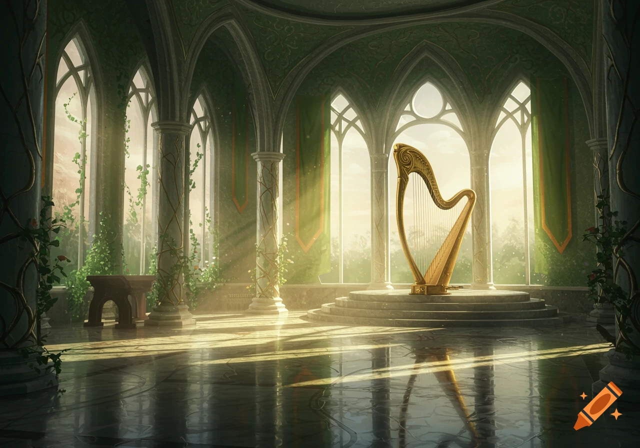 A golden harp stands on a raised platform in a sunlit elven castle interior with green arched windows and ornate pillars.