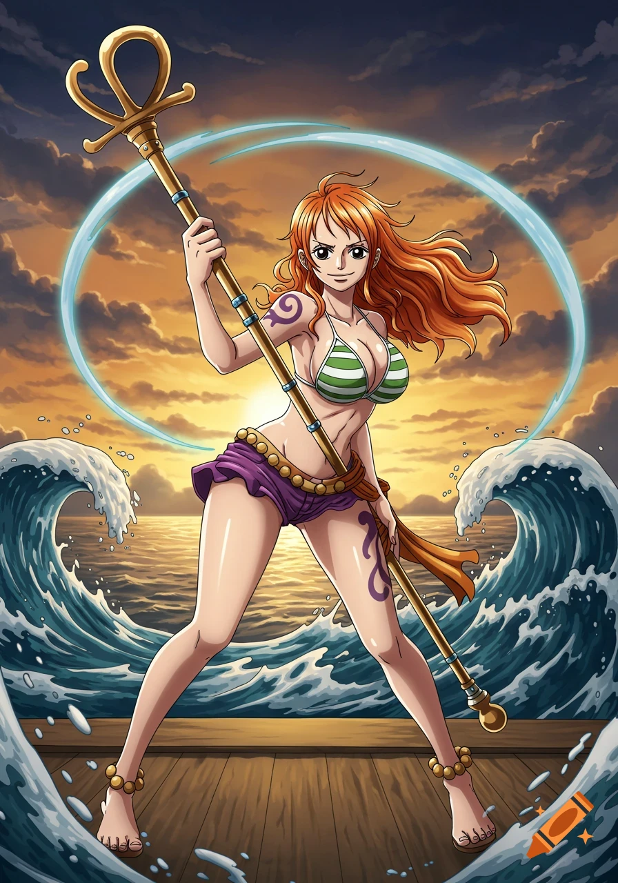 Digital illustration of Nami from One Piece in a bikini holding her staff amidst ocean waves and a sunset.