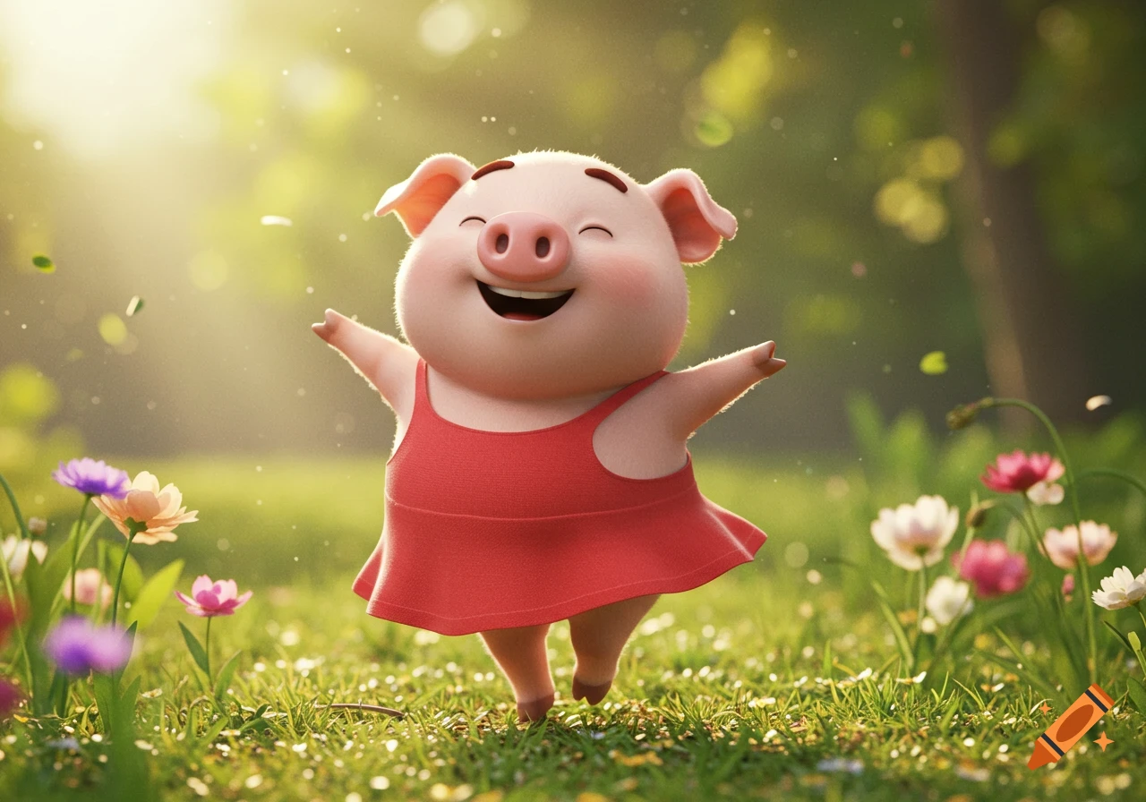 A cheerful cartoon piglet in a red dress dances in a sunlit grassy field among colorful flowers.