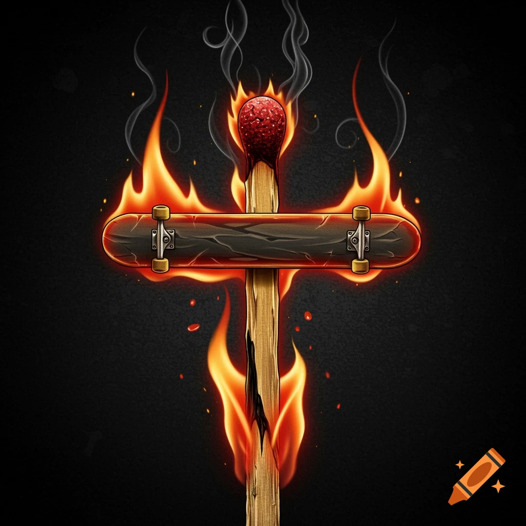An illustration of a burning matchstick forming a crucifix, with a skateboard as the horizontal beam, set against a dark background.