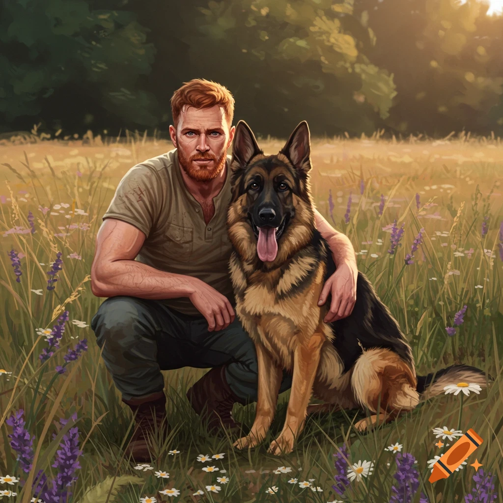 A man with red hair and a beard squats next to a German Shepherd dog in a field with wildflowers and blurred trees.