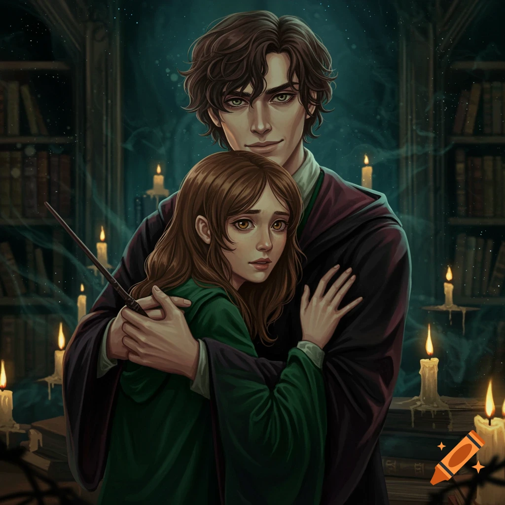 Digital illustration of a man with dark wavy hair embracing a brown-haired girl holding a wand in a candlelit library.