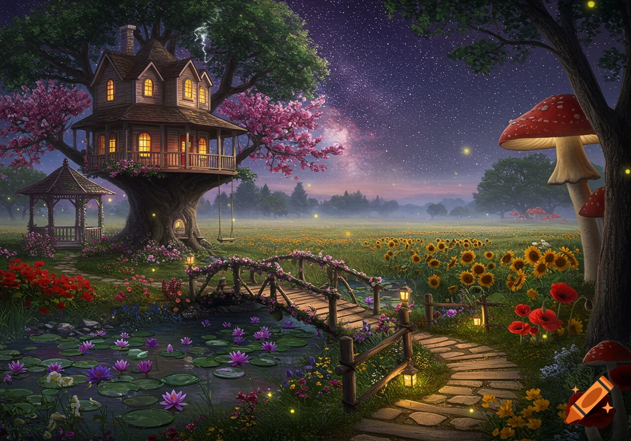 A magical treehouse stands by a pond with lilies, connected by a vine bridge to a sunflower field under a starry night sky with glowing fireflies and giant mushrooms.