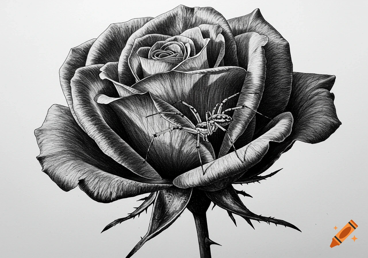 A black and white pen and ink drawing of a detailed rose with a spider crawling on its petals.
