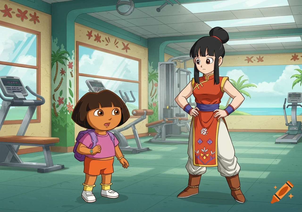 Dora the Explorer and Chi-Chi from Dragon Ball Z stand in a cartoon gym with windows overlooking a beach.