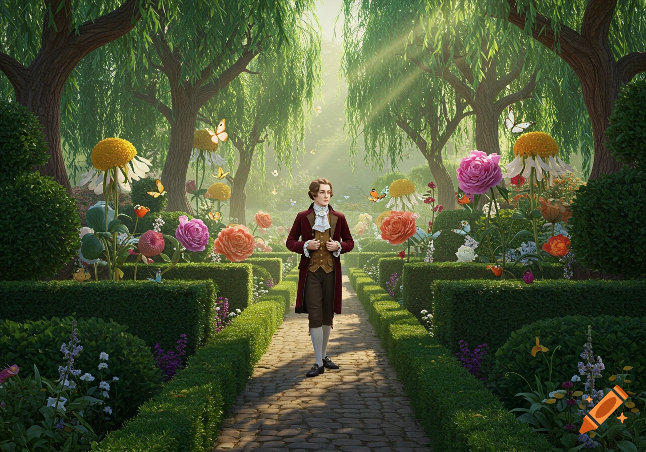 A man in historical dandy clothing stands on a stone path in a vibrant, whimsical garden with oversized flowers and trees.