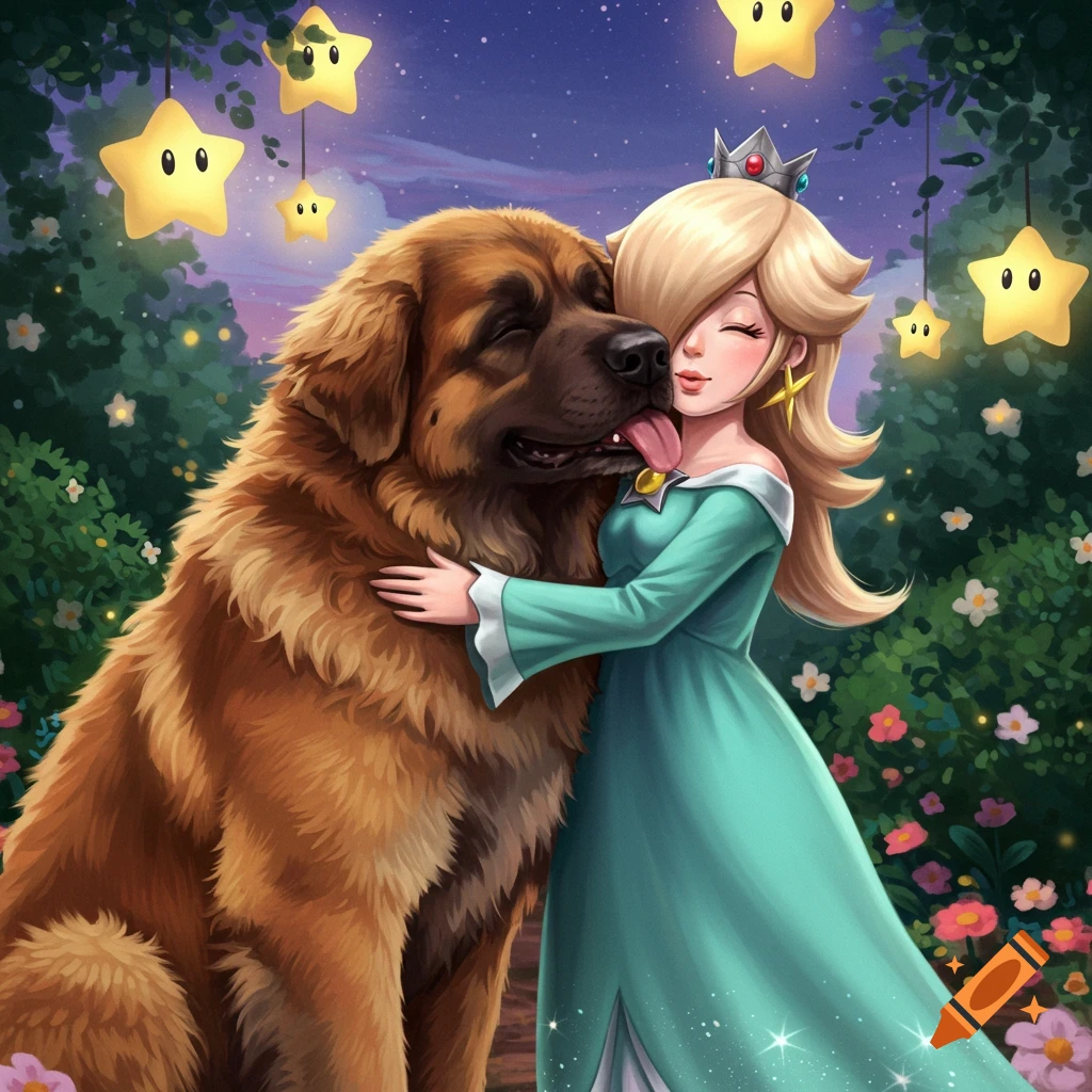 Rosalina from the Mario series hugs a large brown Leonberger dog, who licks her face, under a starry sky with glowing Luma stars.