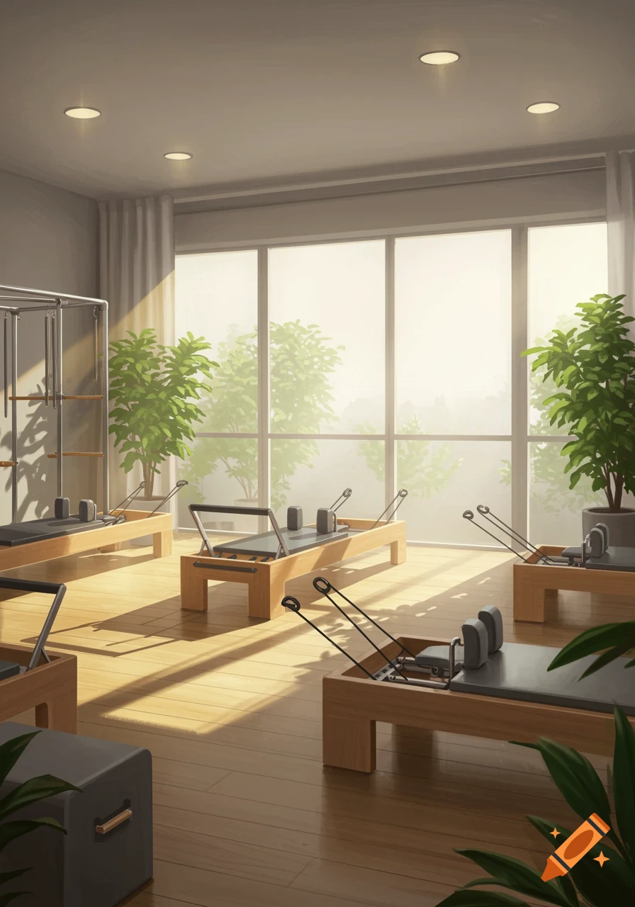 A bright and airy Pilates studio with several reformer machines, large windows, and potted plants, illuminated by natural sunlight.