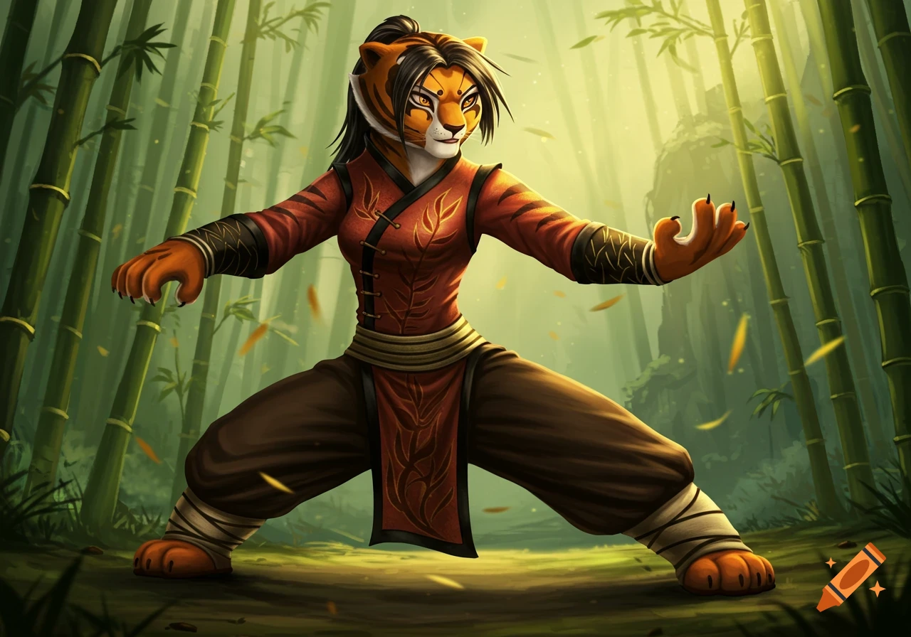 A stylized, anthropomorphic tiger-like character in a red martial arts gi strikes a pose amidst a lush bamboo forest.