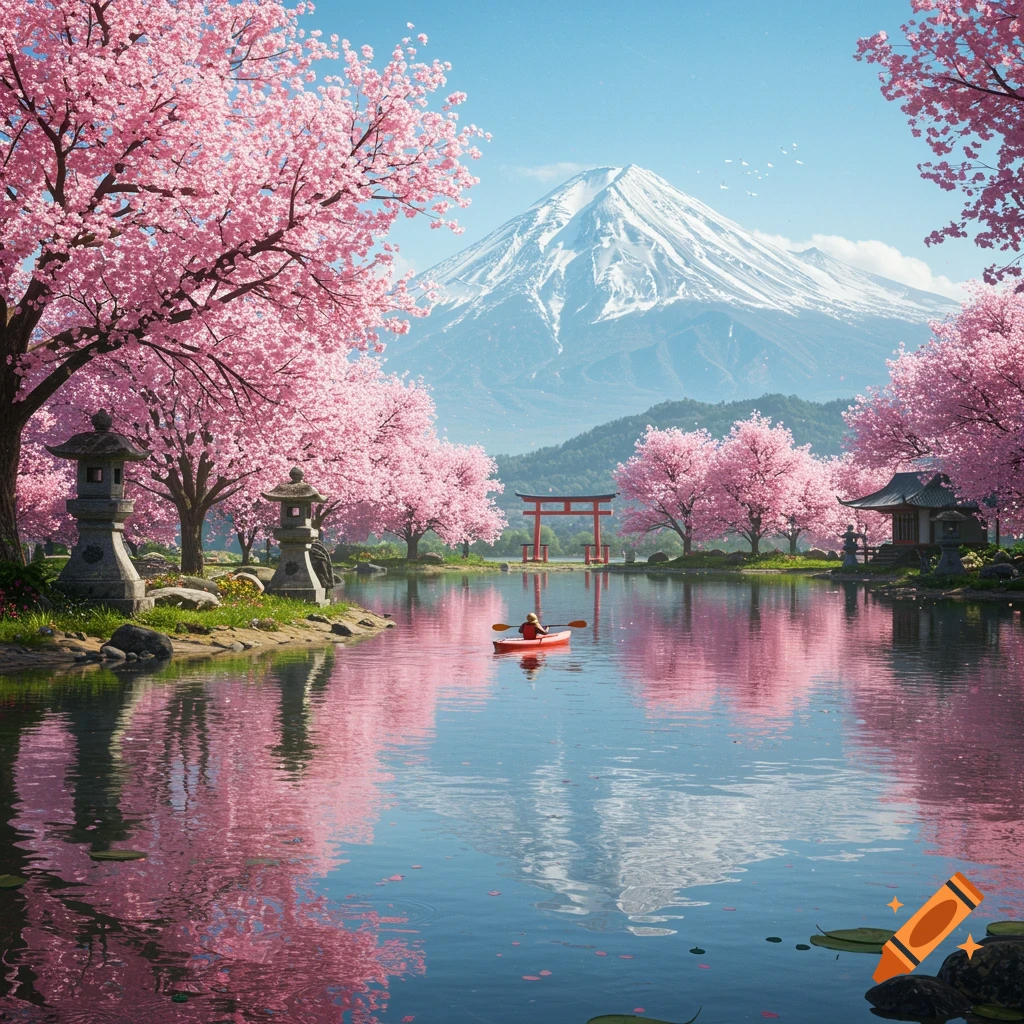 A person kayaks on a tranquil lake surrounded by blooming pink cherry blossom trees, with a snowy mountain and Japanese structures in the background.