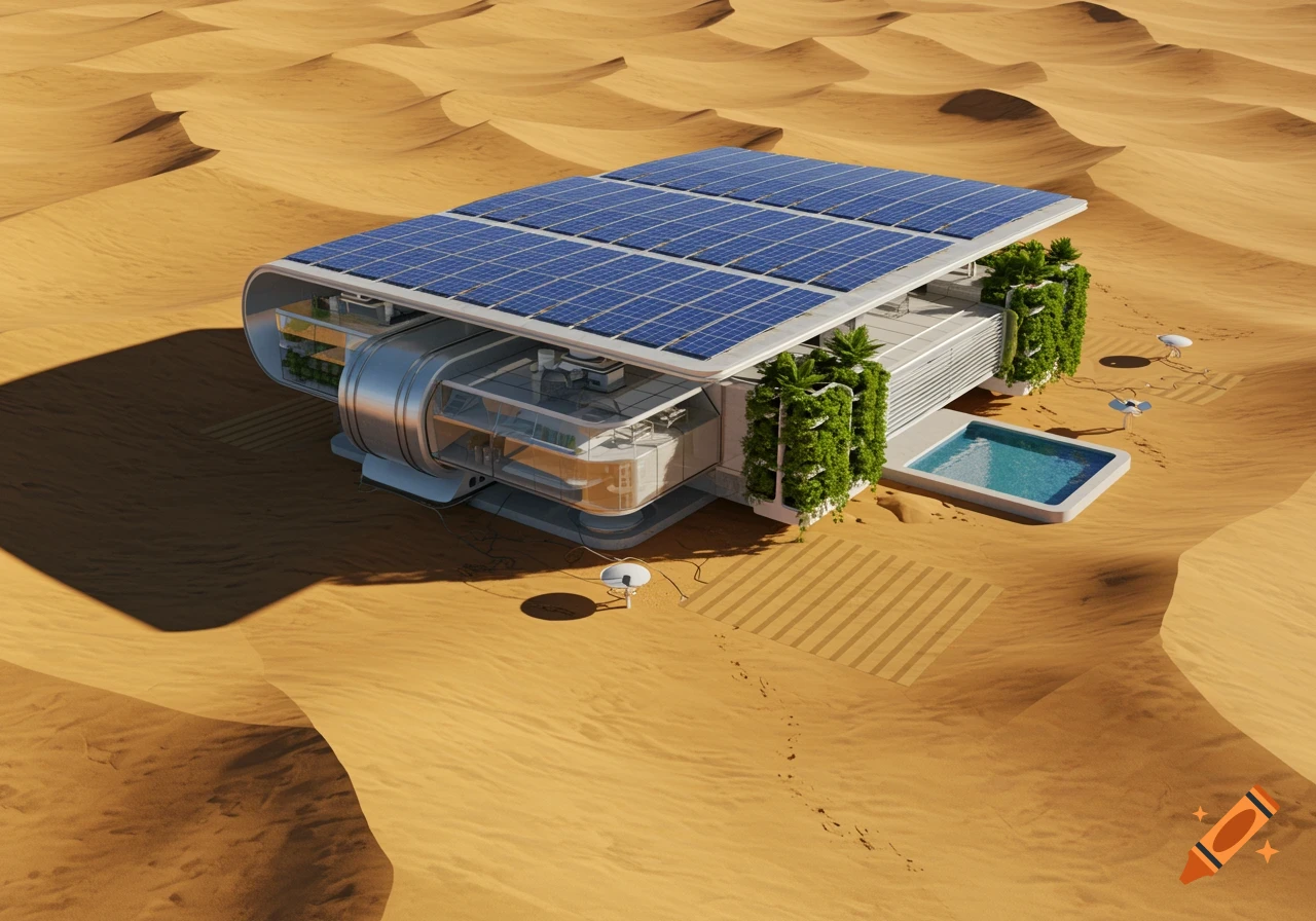 A modern, solar-powered house with a swimming pool and vertical gardens sits in a vast, sunny desert landscape with sand dunes.