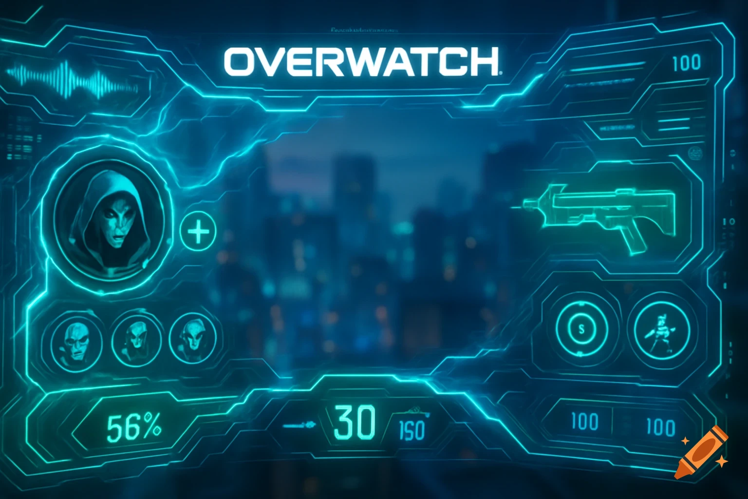 A futuristic blue glowing Heads-Up Display (HUD) for a video game, featuring a character profile, weapon silhouette, and game stats.