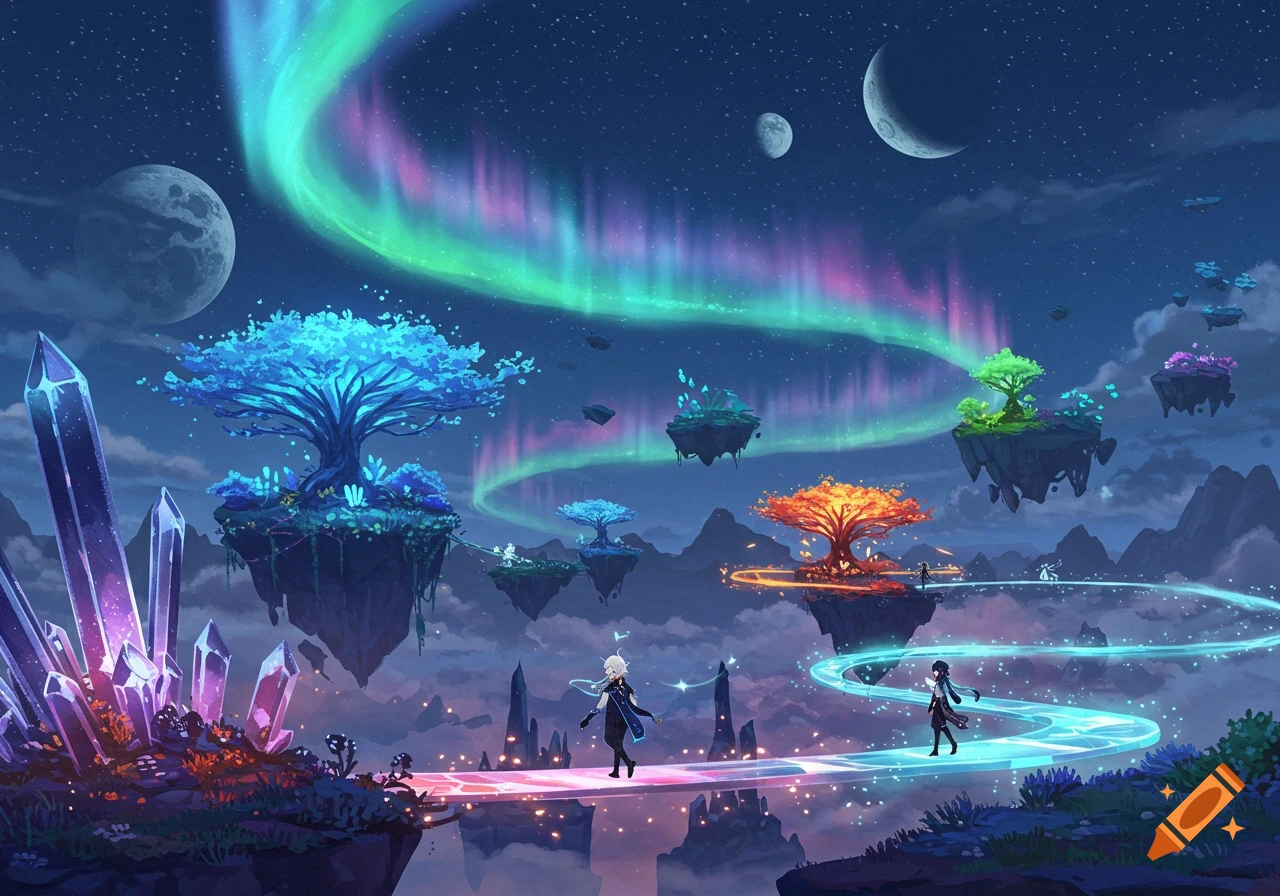 Vibrant fantasy landscape at night with glowing trees on floating islands, crystals, aurora borealis, and two anime figures.