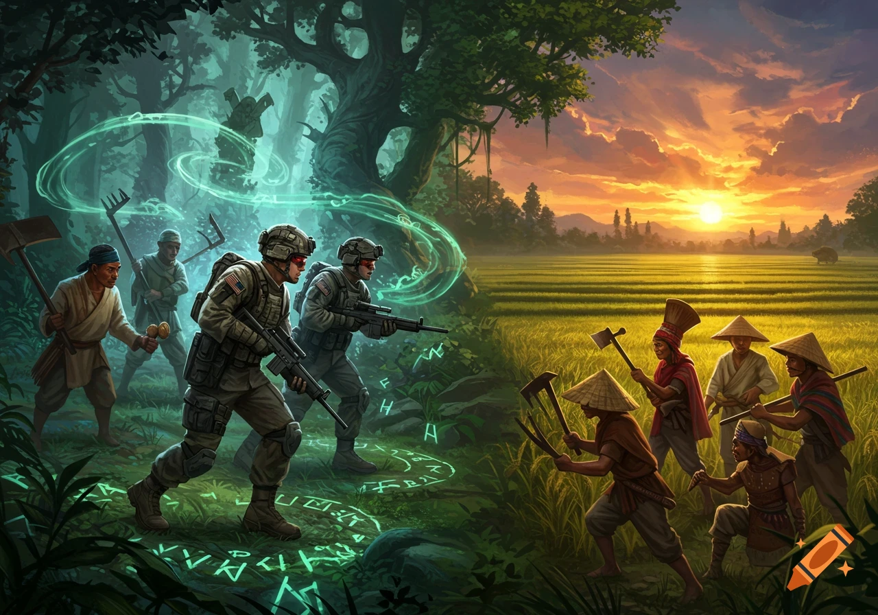 American soldiers confront Asian peasants in a fantastical, split-scene landscape with a magical forest and sunlit rice fields, concept art style.