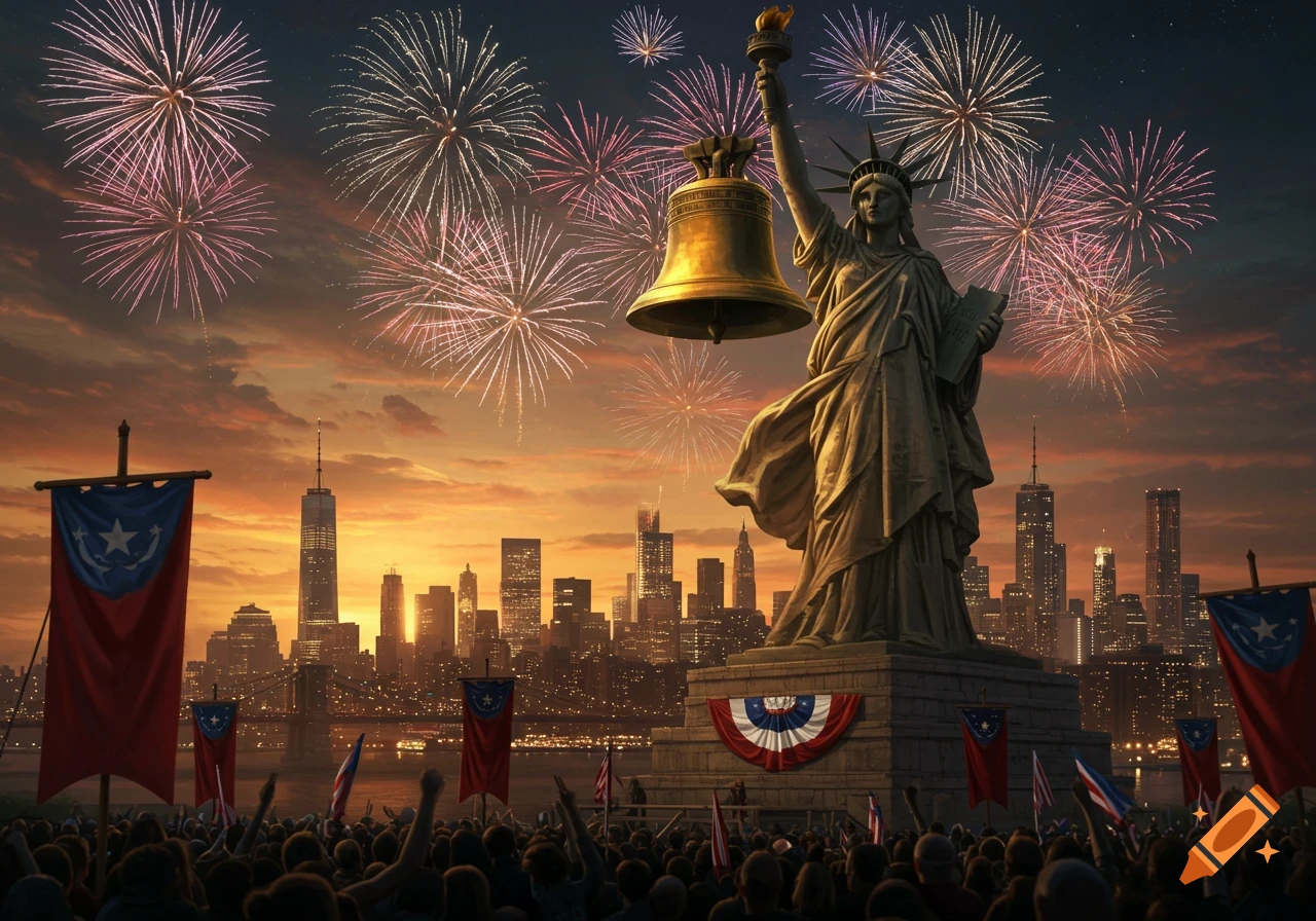 Statue of Liberty holding a bell, with fireworks exploding over the New York City skyline and a crowd below at sunset.