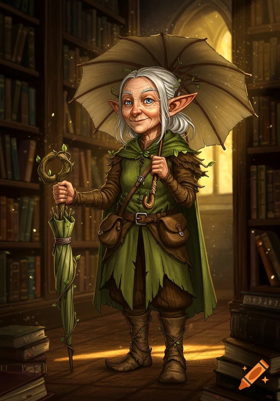 An elderly, endearing wood elf with a leafy umbrella staff stands in a library filled with old books, bathed in warm light.