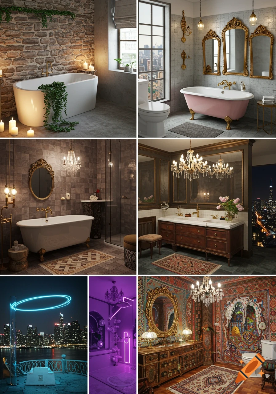 A six-panel collage showcasing different bathroom designs, including rustic, classic, ornate, and modern styles, alongside one panel of a night cityscape with a glowing ring.